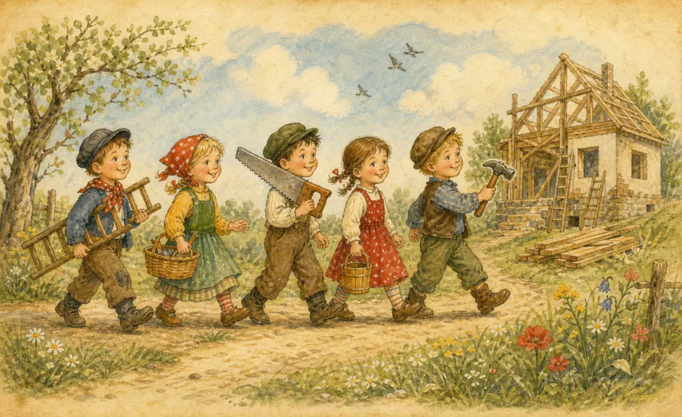a line of cheerful children marching off with saw and hammer to build a house