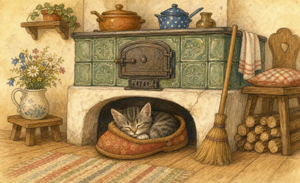 a kitten curled up asleep inside a little slipper behind the stove