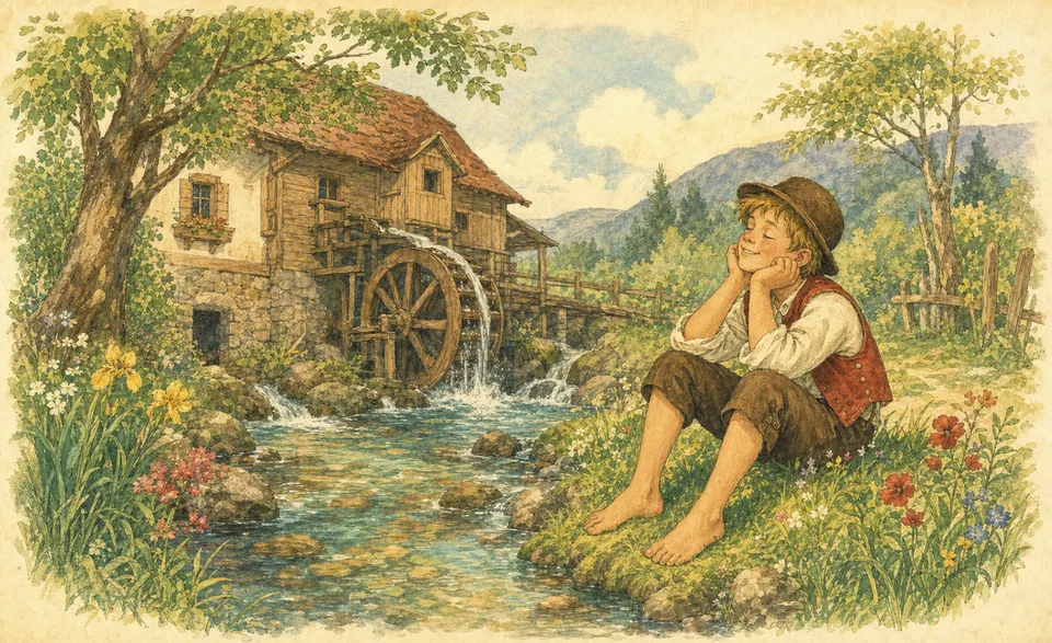 a watermill by a clear brook, the miller’s son listening happily