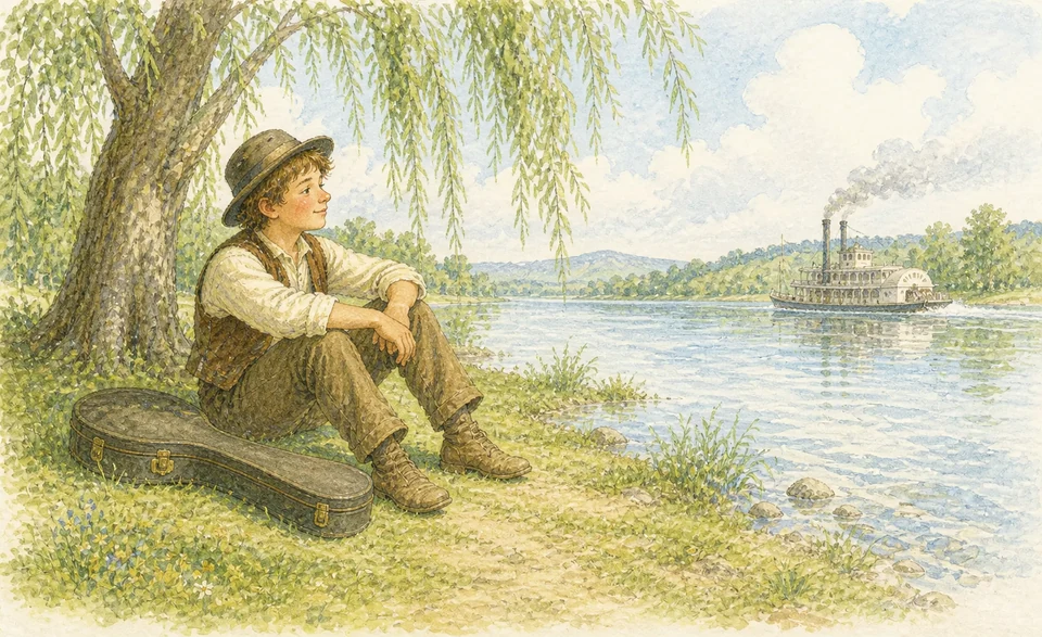 A nineteenth-century traveller carrying a banjo case beside a broad sunny river