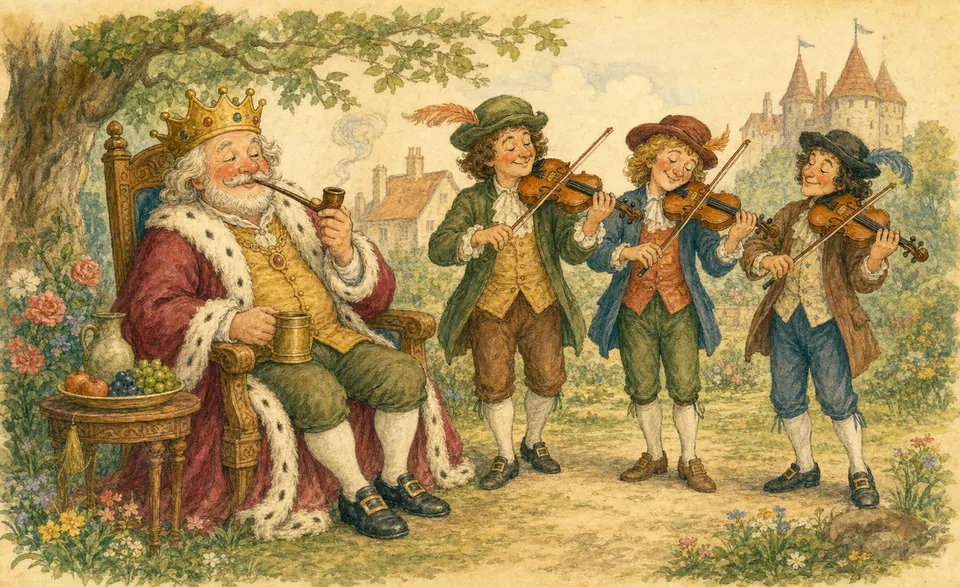 a jolly crowned king with a pipe and three fiddlers