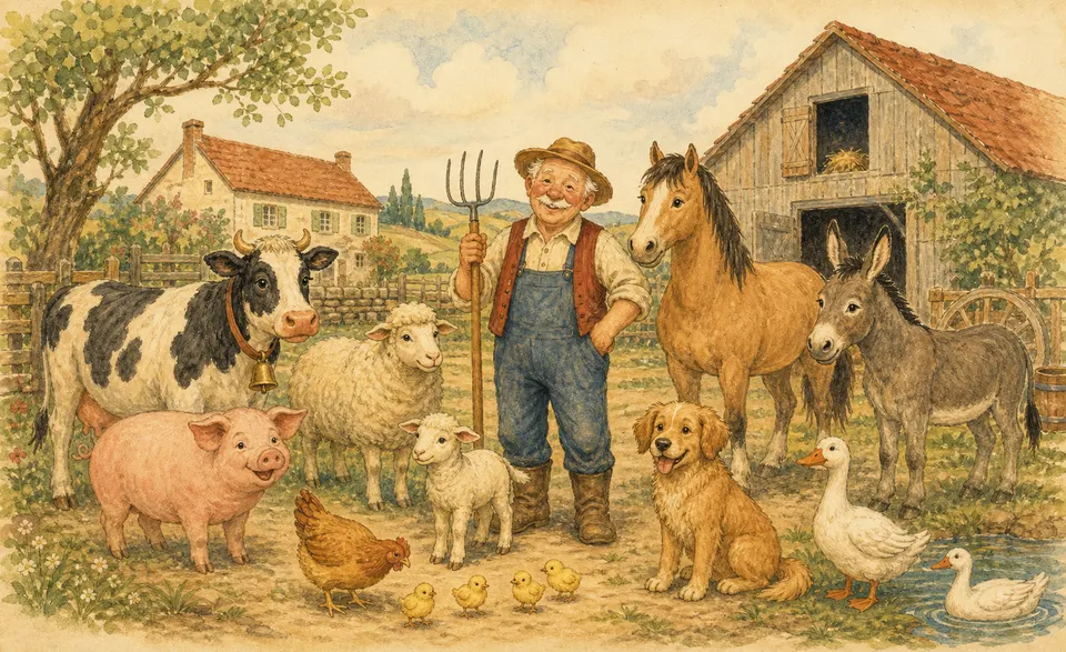 friendly animals around a sunlit farmyard
