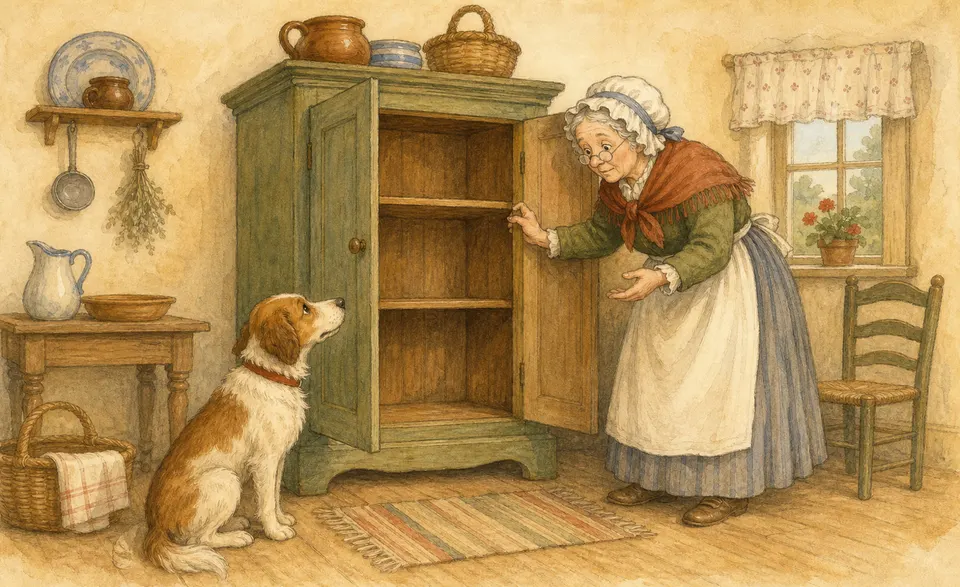 an old woman at an open, empty cupboard, a hopeful dog waiting