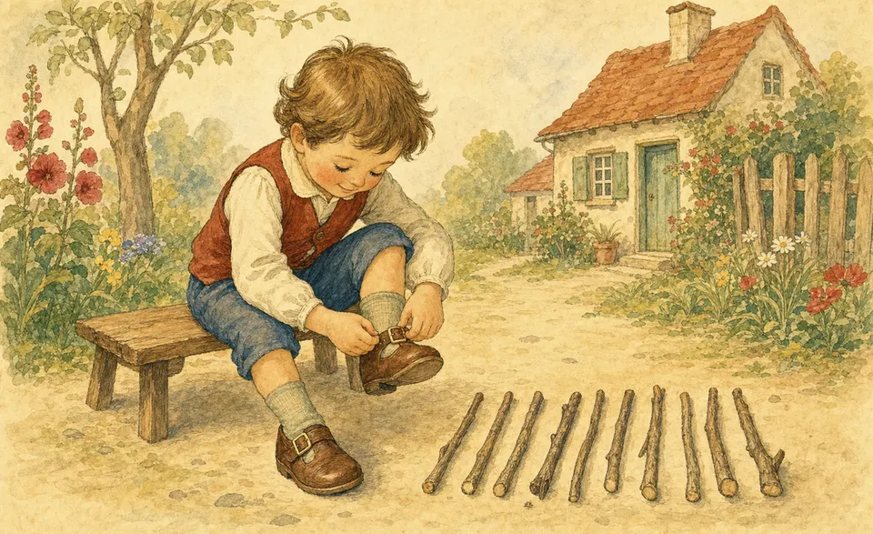 a child buckling a shoe, sticks laid in a neat row