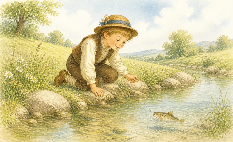 A child counting beside a pond while one silver fish bobs above the water