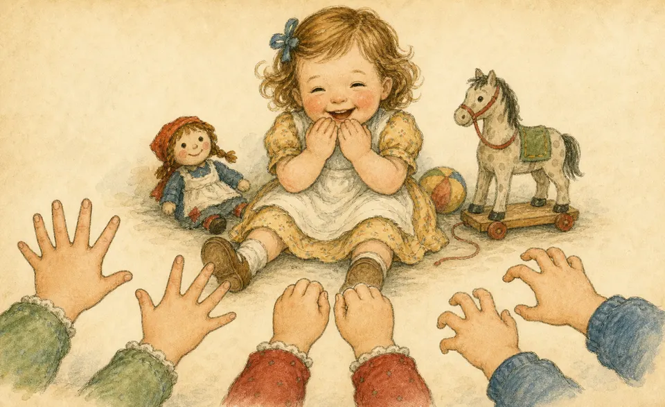 small hands opening, shutting and creeping up towards a giggling face