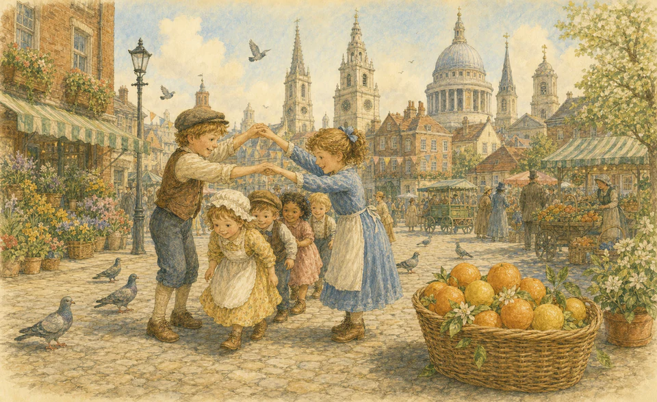 Children passing under an arm arch beside a basket of citrus fruit and old London church towers