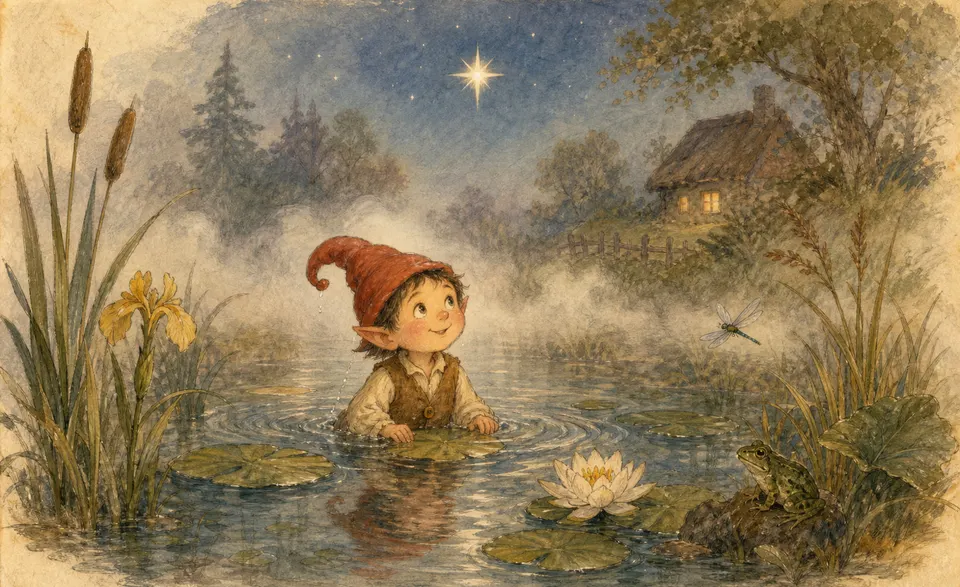 a foggy night pond where a curious little sprite emerges under the first star