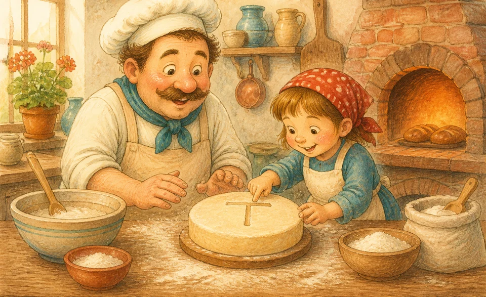 a baker and child shaping a cake marked with the letter T