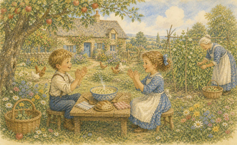 Two children playing a hand-clapping game beside a warm bowl of pea porridge