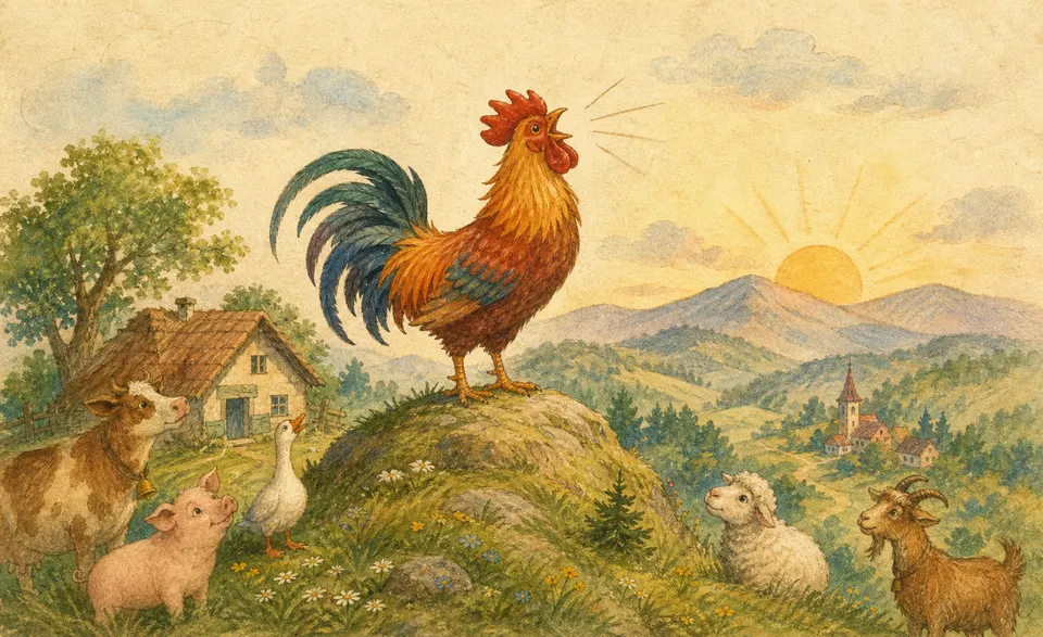 a proud little rooster crowing on a hilltop, kikiriki
