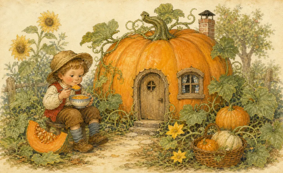 a large pumpkin like a little house among the vines