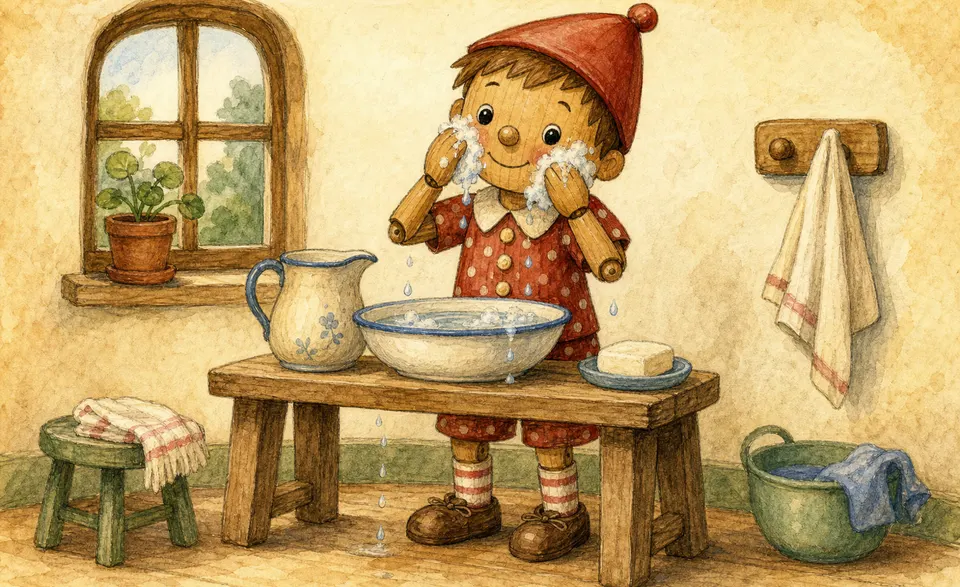 a friendly cardboard doll washing his face with soap and water