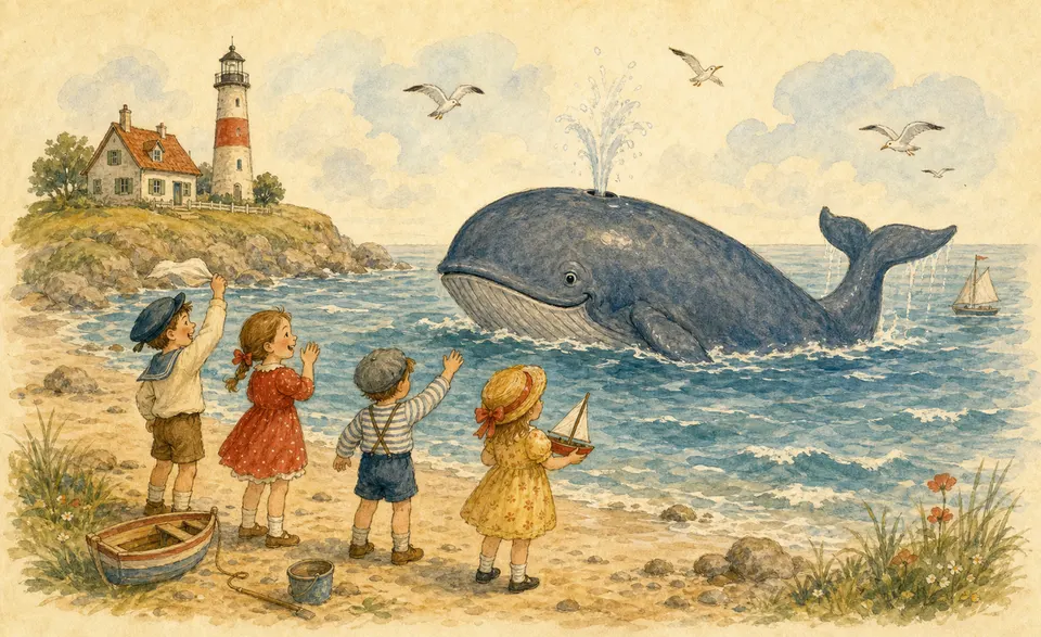 a cartoonish giant whale mid-sea, children giggling on the shore