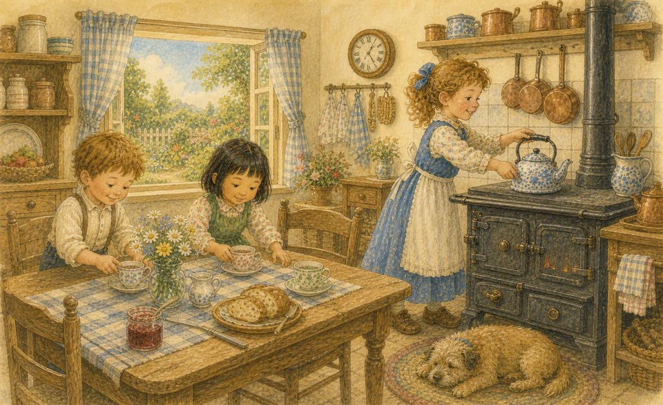 A child placing a blue-and-white kettle on a cottage range while two friends prepare tea
