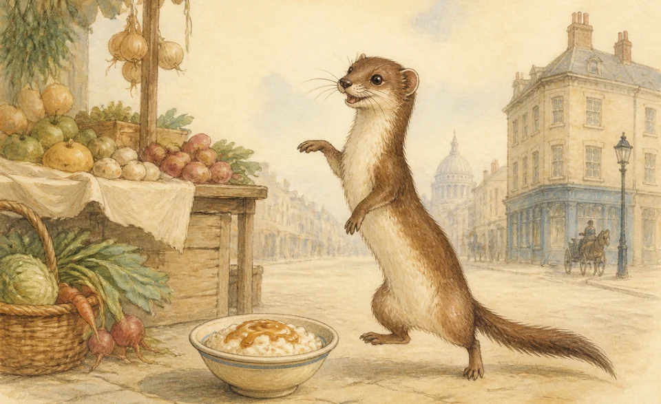 a playful weasel springing upright beside rice and treacle at a London market