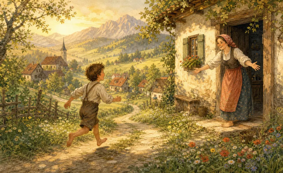 a barefoot boy setting off into the fields, then running home to mummy