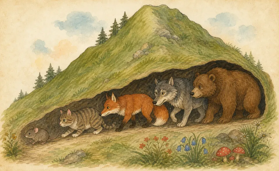 a chain of animals under a green mountain — mouse, cat, fox, wolf, bear