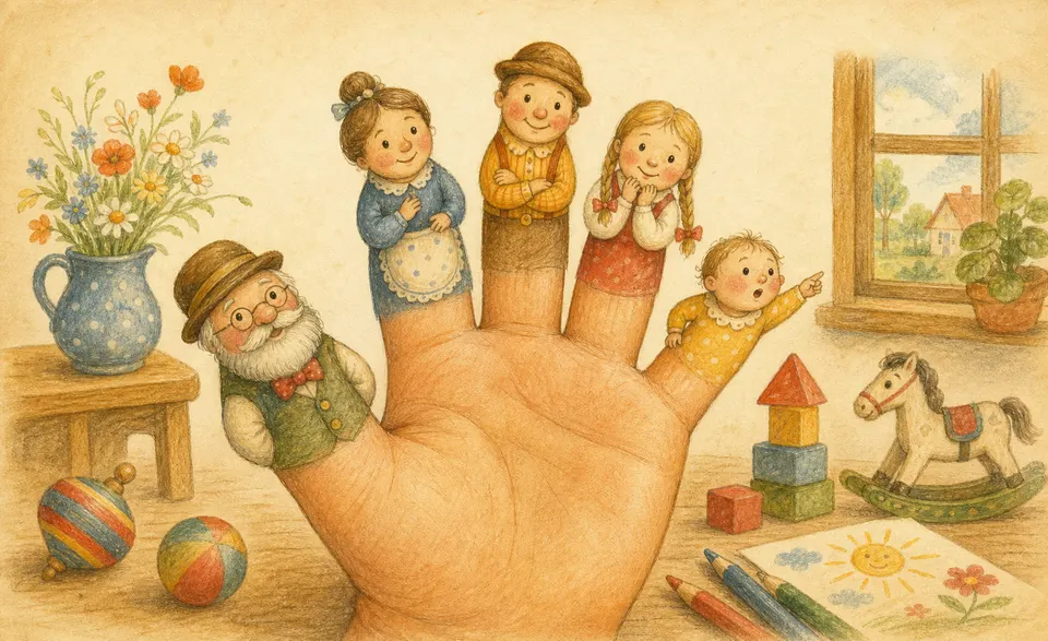 a child’s five fingers, each a little character, the littlest tattling