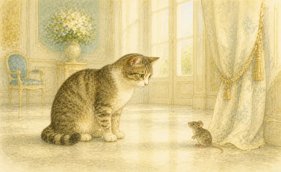 A curious cat peeking under a grand chair as a tiny mouse scurries away