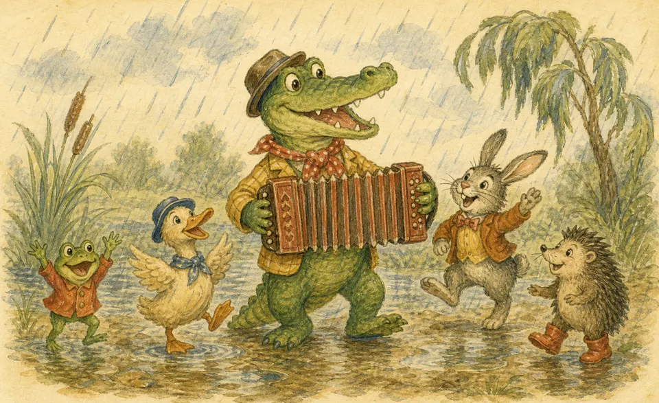 a green crocodile playing an accordion in the rain, looking happy