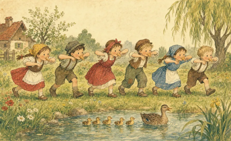 children flapping elbows and making finger-beaks like a flock of ducks