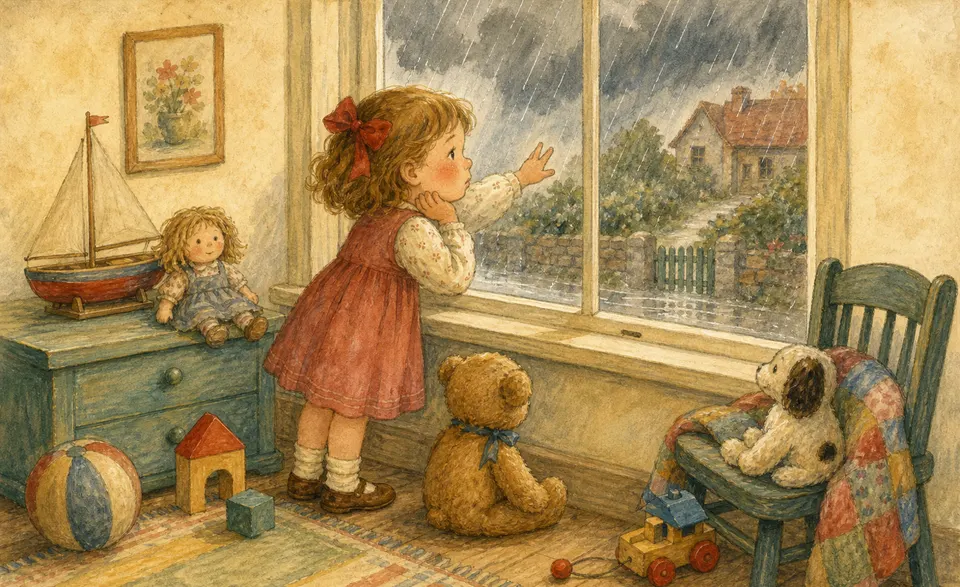 a child at a window watching rain, wishing it away