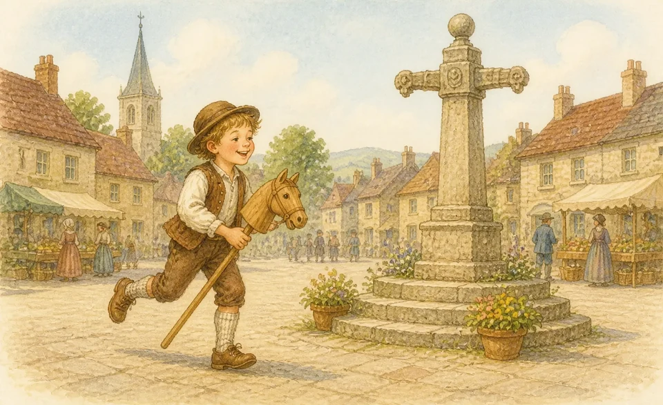 A child riding a wooden hobby horse toward the stone cross at Banbury