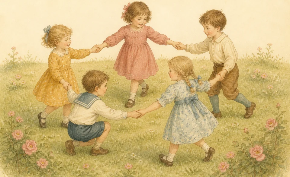 five children holding hands in a clear circle among wild roses, with one child crouching
