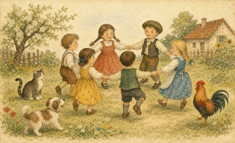 children holding hands in a ring, a cat, a dog and a rooster nearby