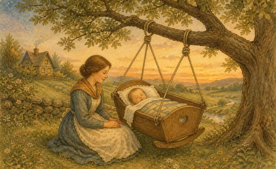 a parent watching a sleeping baby in a secure cradle beneath a tree