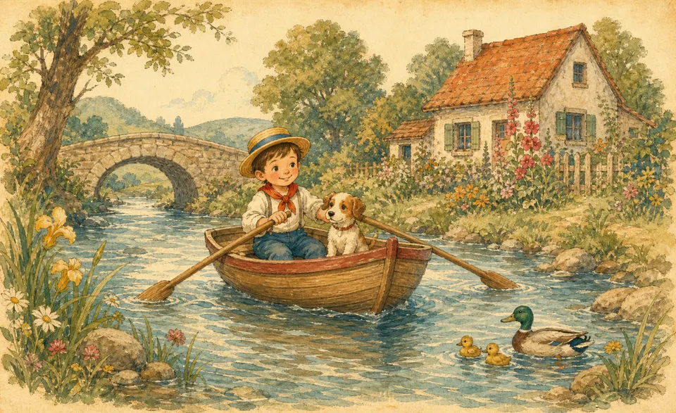 a small rowing boat drifting gently down a sunny stream