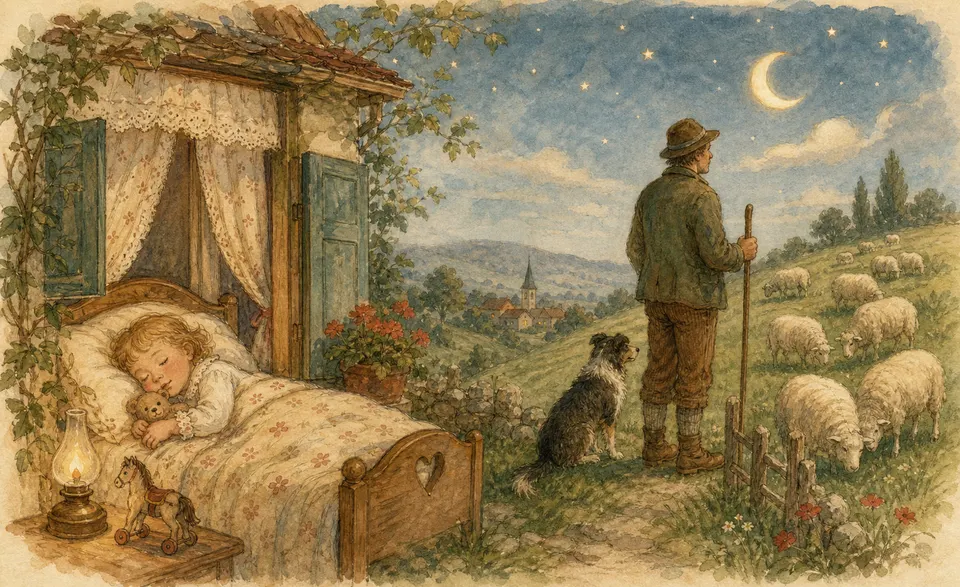a child drifting to sleep while a father watches sheep on a hill