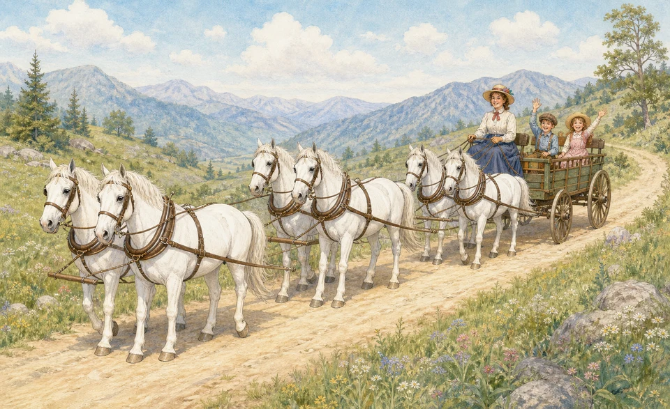 Six white horses in three pairs drawing a wagon with waving children along a green mountain road