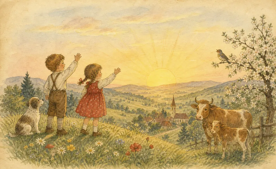 a pale yellow sun low over the hills at dawn and dusk