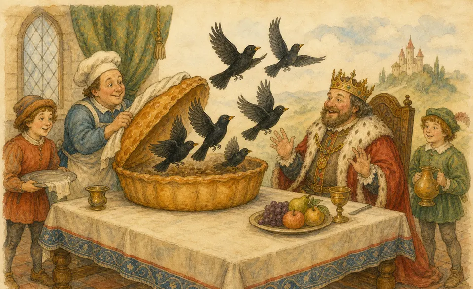 a grand pie opening as blackbirds fly out before a king