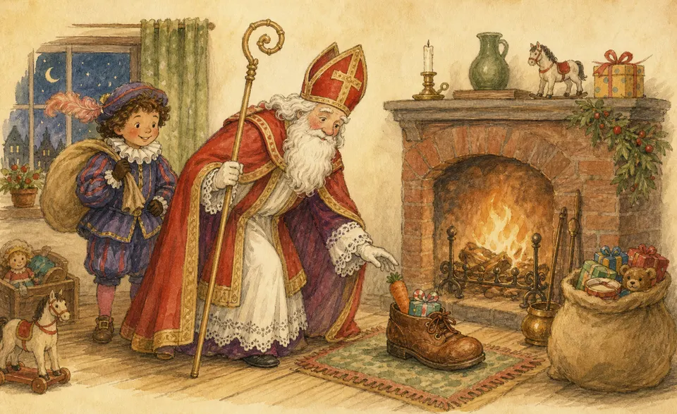 a child’s shoe set out by the hearth for Saint Nicholas