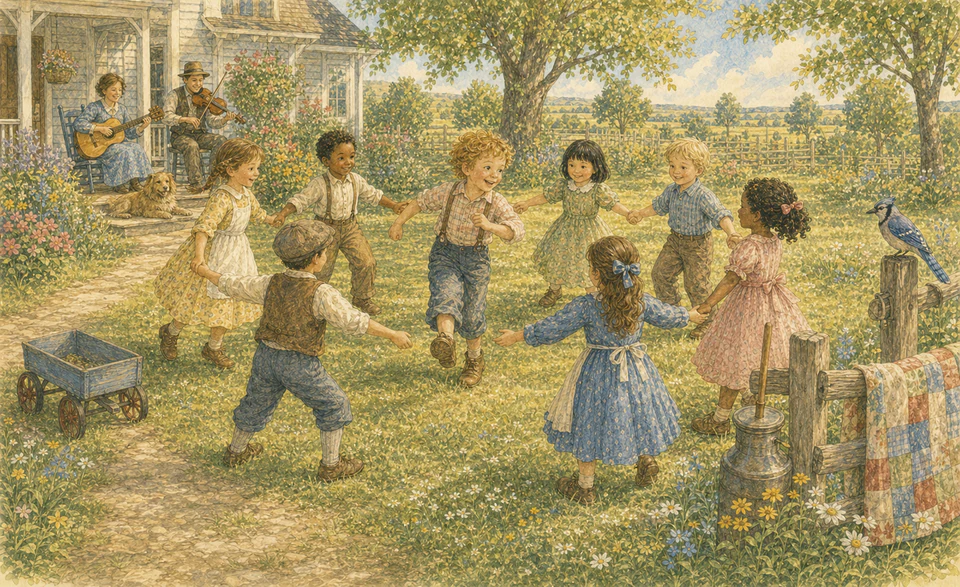 Children skipping in a friendly circle as two partners meet in the centre