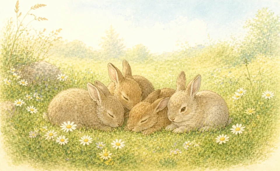 Four little rabbits waking from the grass and beginning to hop together