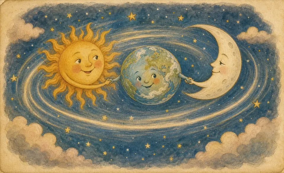the sun, earth and moon whirling through a starry sky