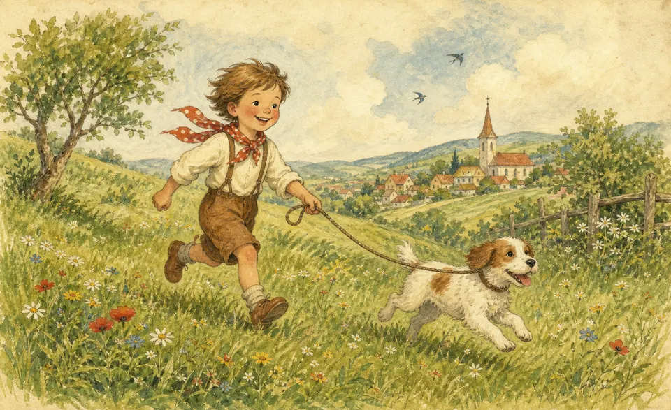 a happy child running through a green meadow with a dog on a lead