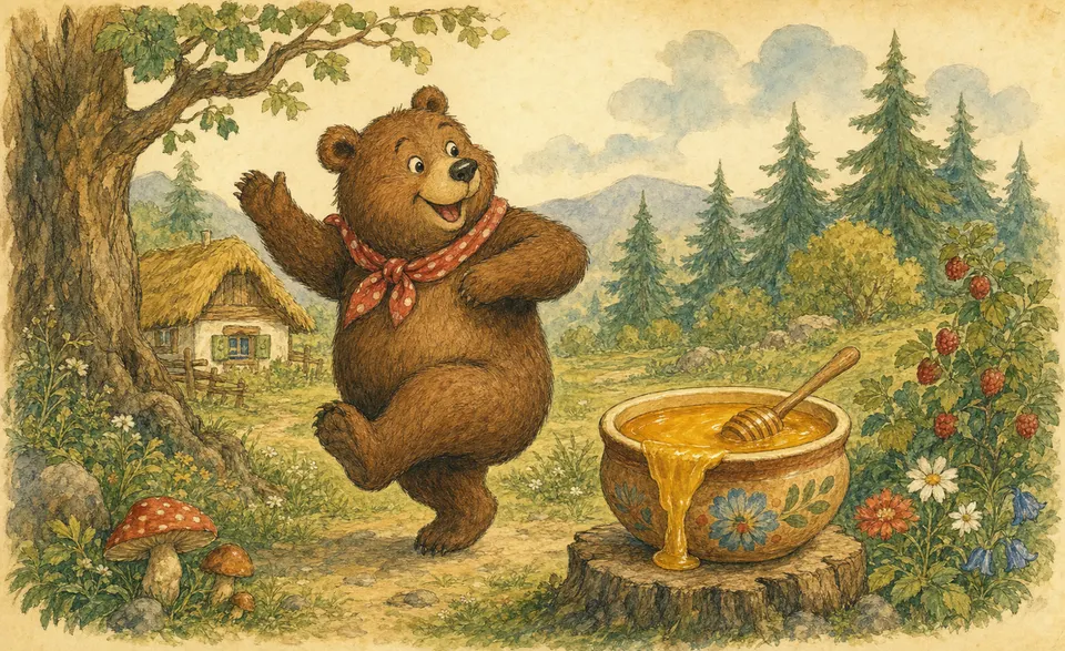 a big friendly bear dancing before a bowl brimming with honey