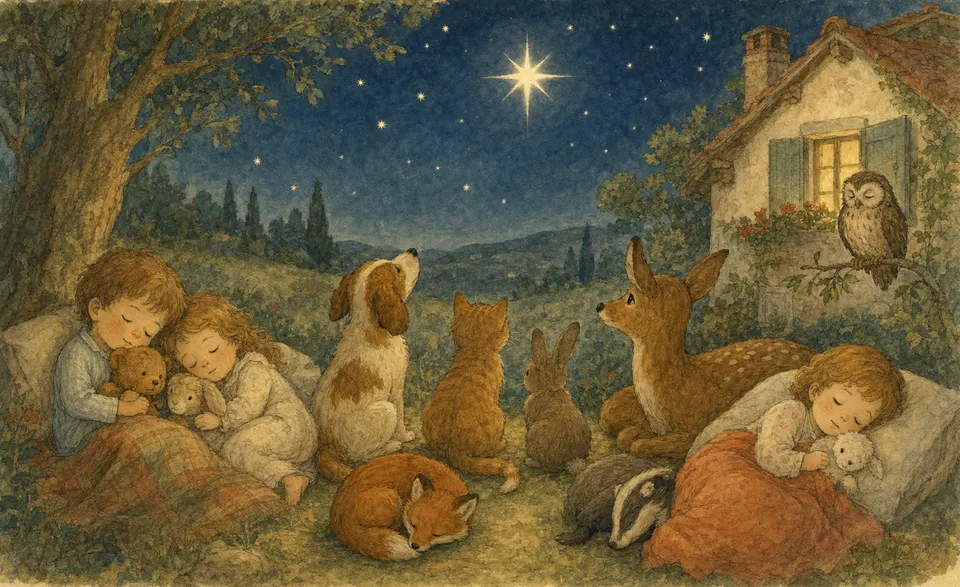 a night sky with one bright star, animals and children settling to sleep