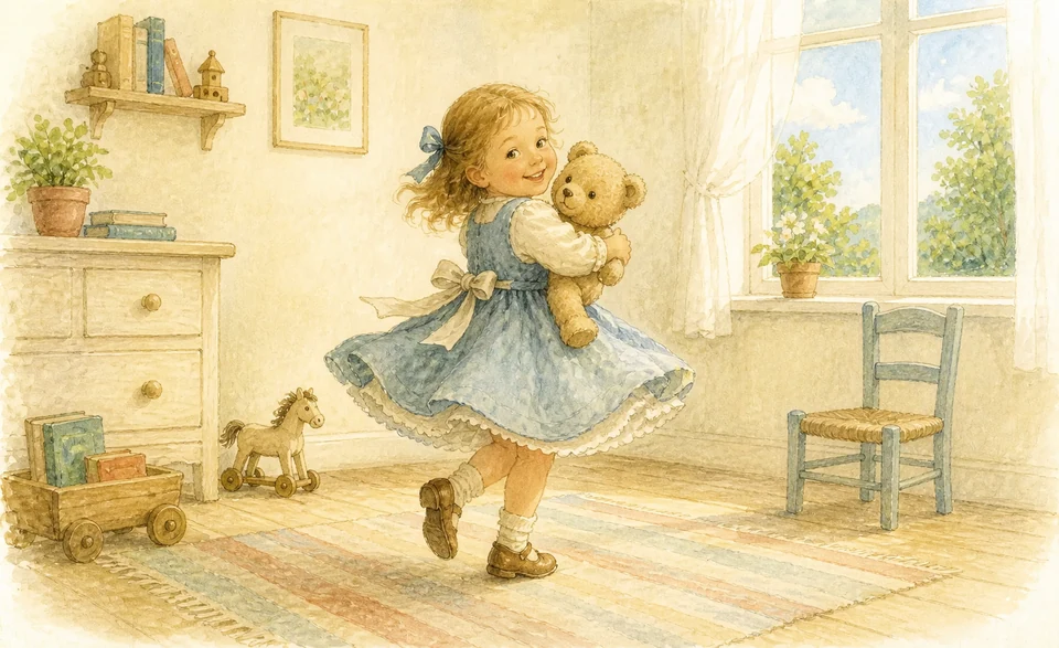 A child and teddy bear acting out a turn beside a skipping rope on the ground