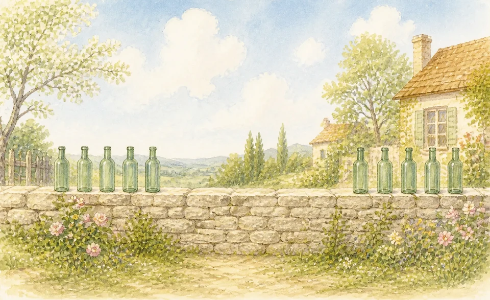 Ten green bottles standing in a neat row on a broad low garden wall