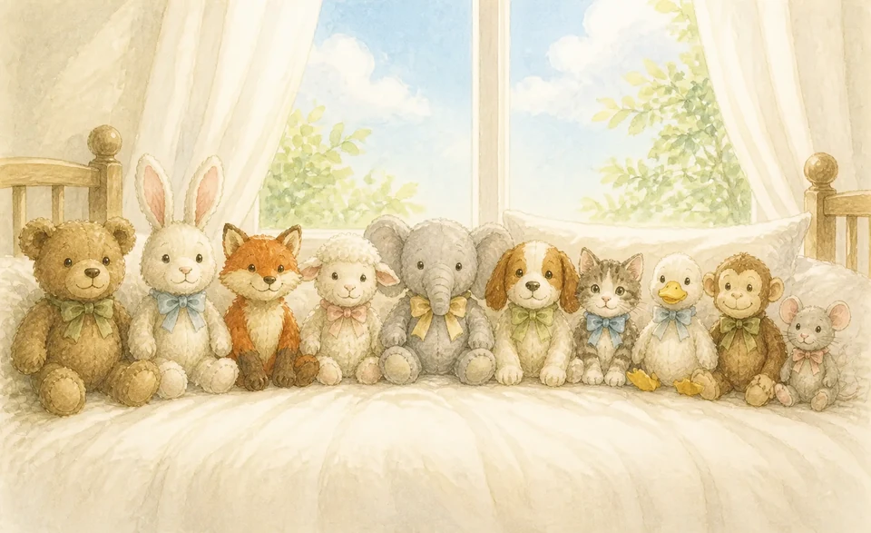 Ten colourful soft toys tucked closely together under one patchwork quilt
