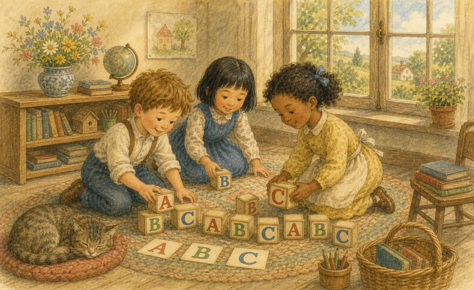 Three children arranging colourful wooden alphabet blocks on a rug in a sunlit schoolroom