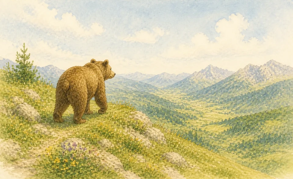 A friendly brown bear on a rounded mountain top looking toward another green hill