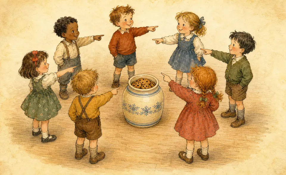 a circle of children around a big cookie jar, pointing at each other