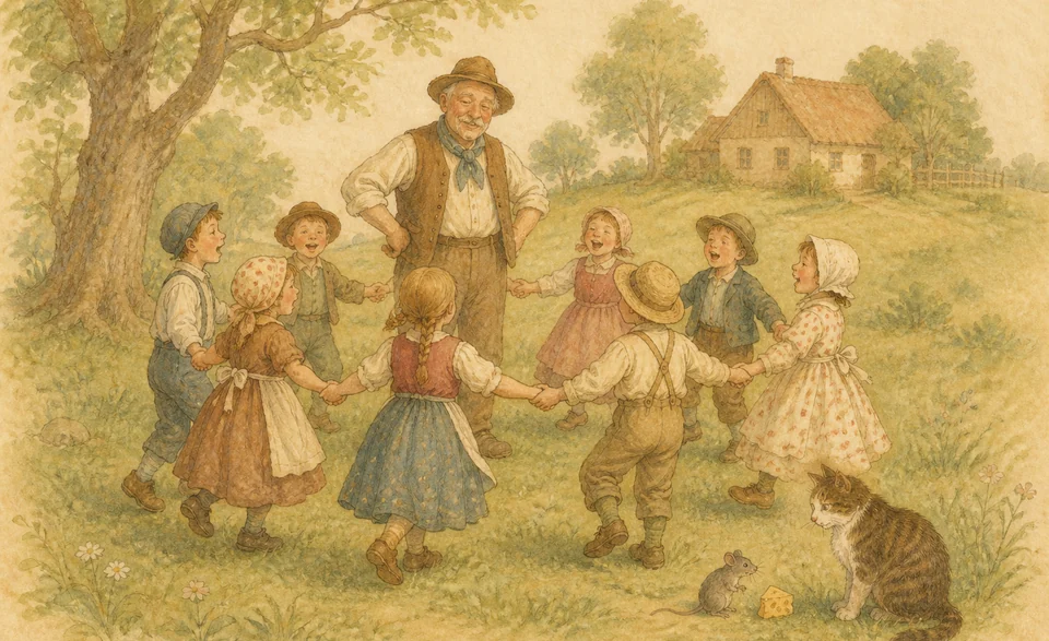 children circling a farmer in a green dell with a cat and mouse nearby